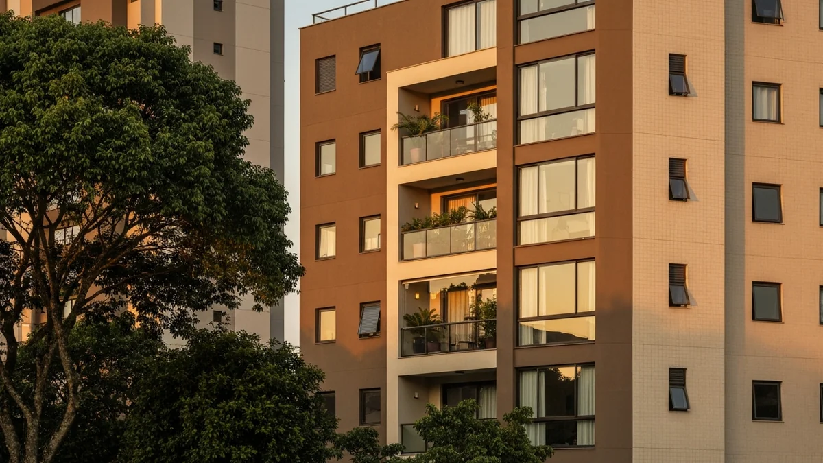 Documentos, calculadora e chaves sobre mesa de madeira representando o processo de financiamento imobiliário