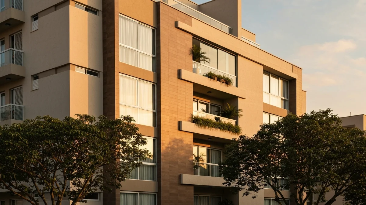 Planta de um apartamento sobre uma mesa de madeira, com uma caneta, um café e um par de óculos ao lado, simbolizando o planejamento imobiliário.