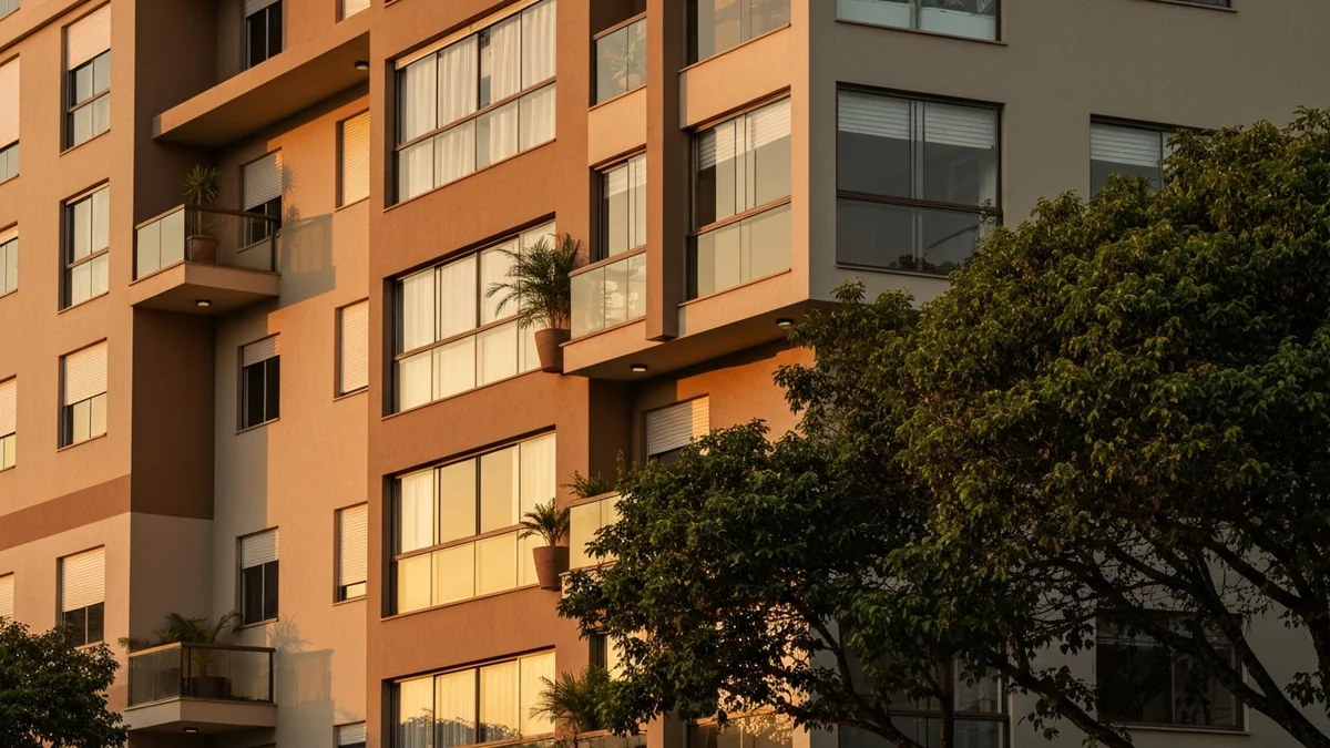 Ilustração de canteiro de obras de prédio residencial com plantas arquitetônicas ao fundo