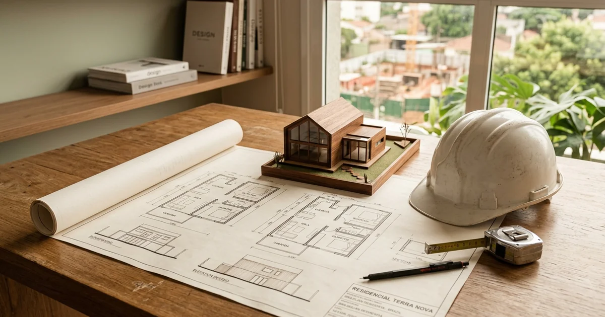 Casal analisando planta de empreendimento em construção