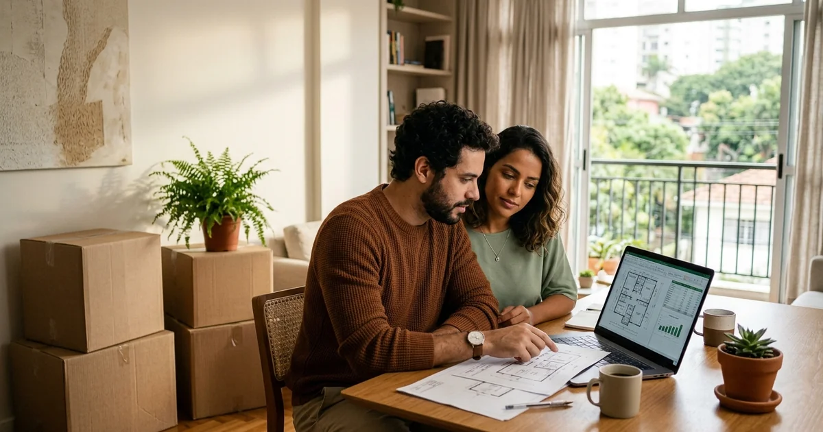 Casal jovem analisando comparativo de modalidades para comprar primeiro imóvel