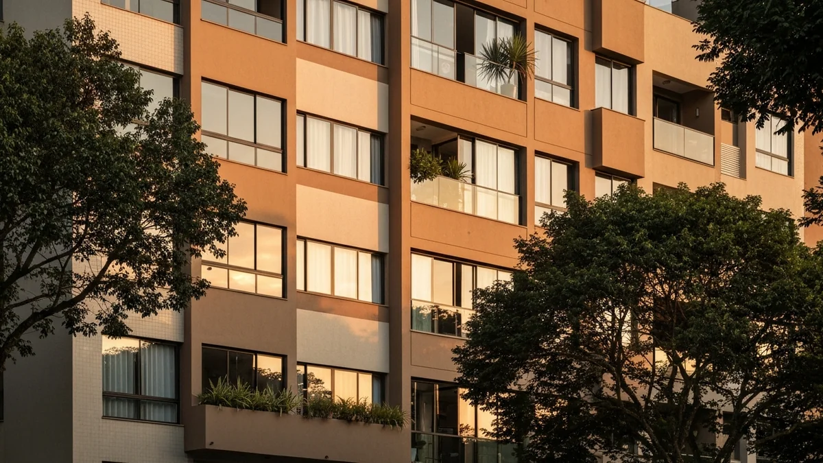 Casal analisando documentos e plantas de imóvel em mesa de madeira, com notebook aberto