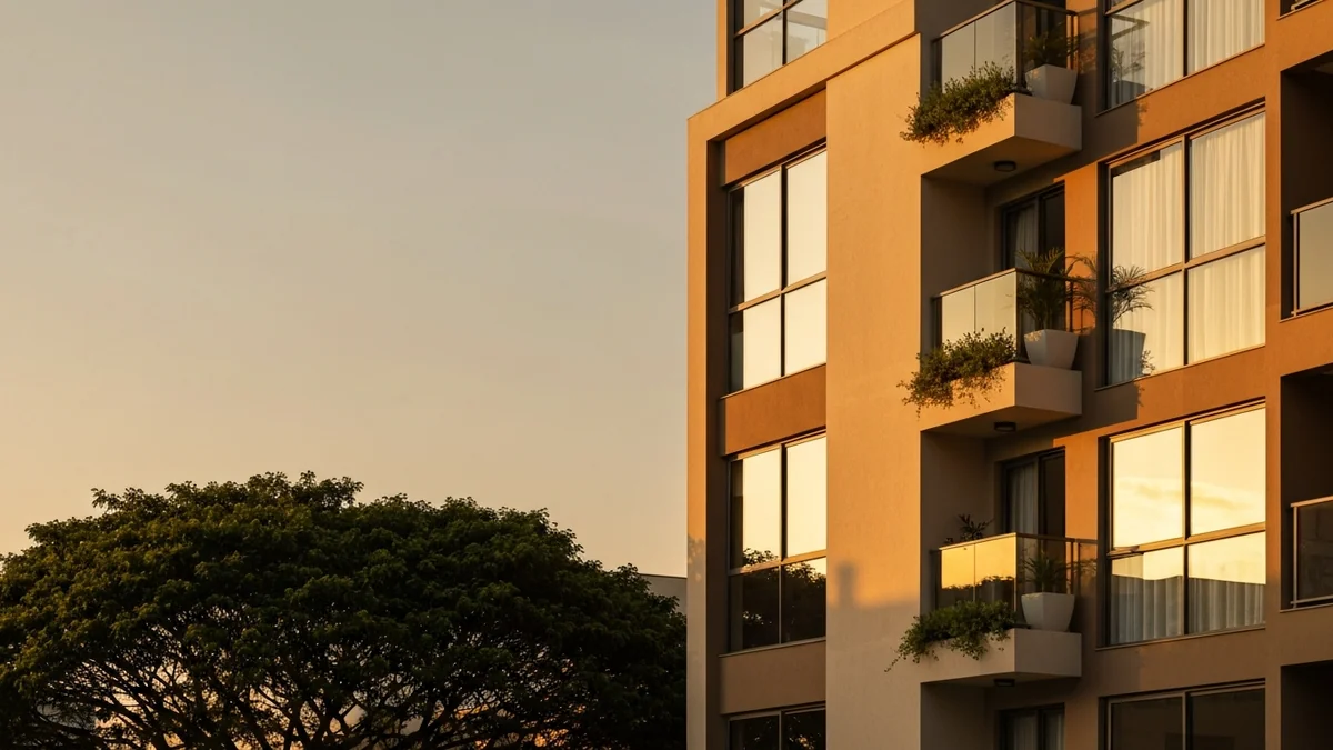 Ilustração de pessoa simulando financiamento imobiliário em celular com gráficos de parcelas e casa ao fundo